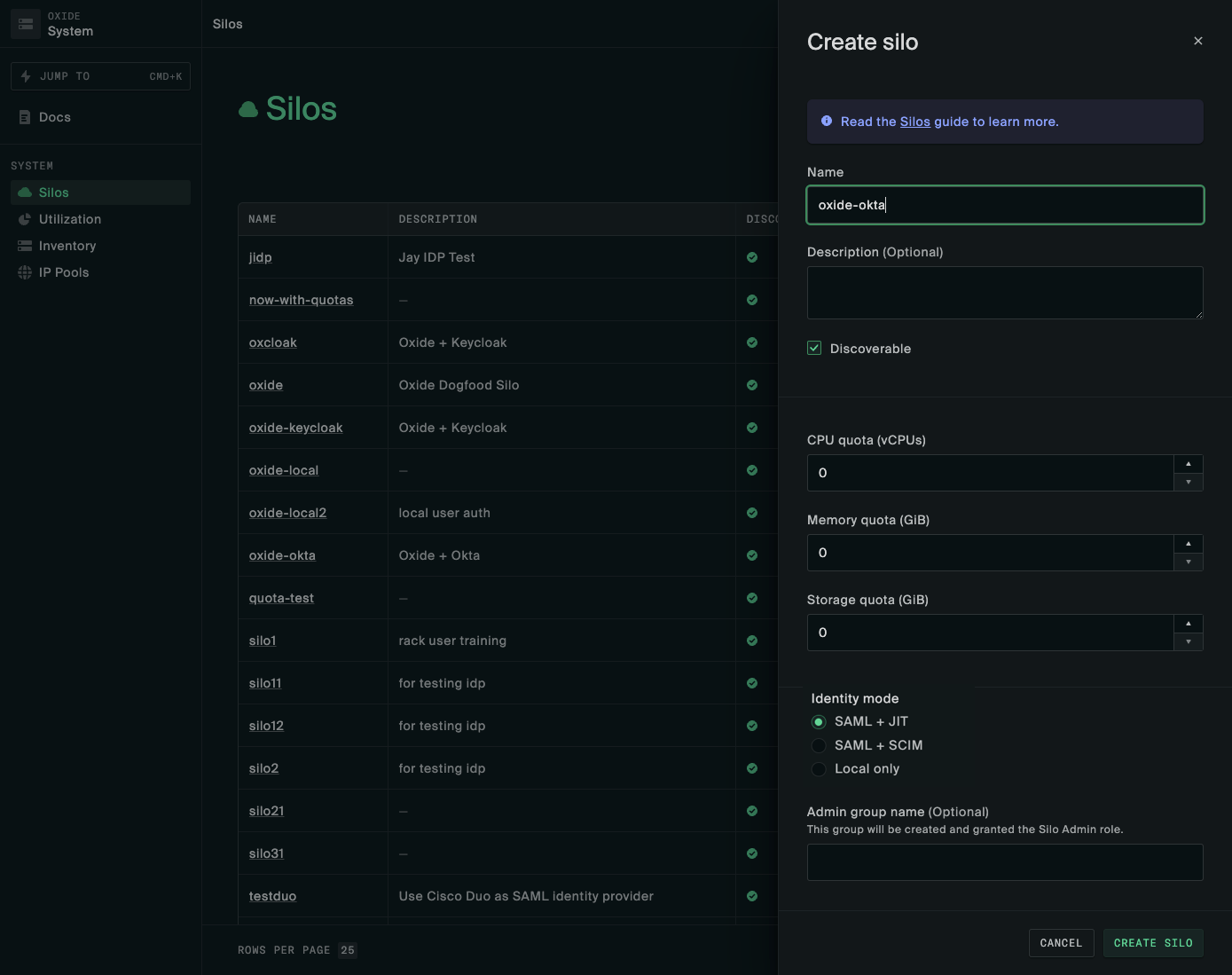 Create silo in Oxide