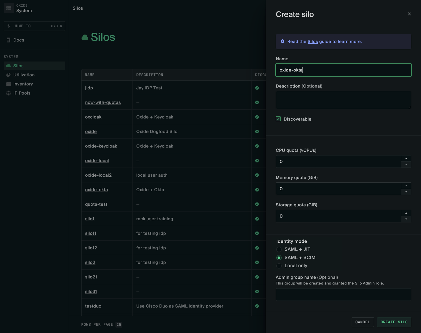 Create silo in Oxide