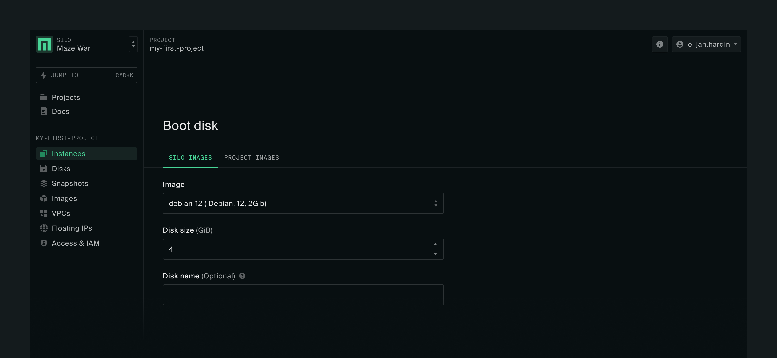 Instance create form with inputs to select a boot disk image